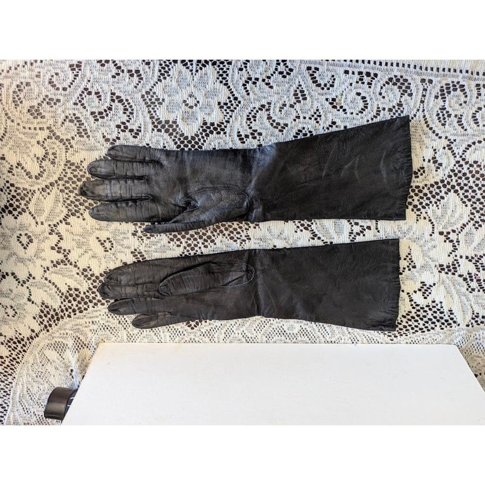Vintage Size Small Black Genuine Leather Opera Gloves Long Gauntlet - Picture 3 of 3